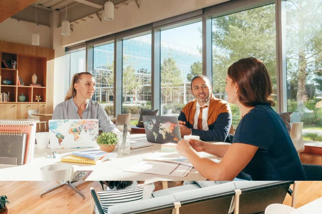 Team collaborating on digital projects in a modern office