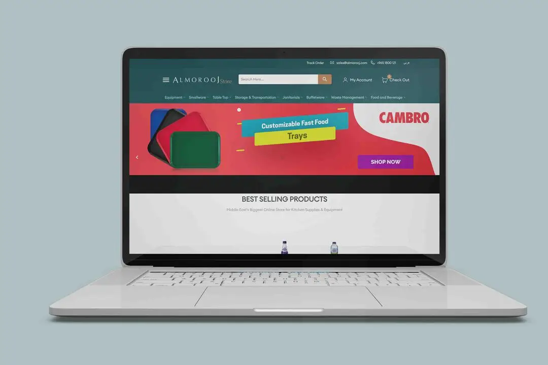 Al Morooj Store online shop for restaurant equipment shown on a laptop