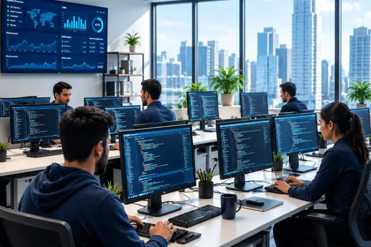 Team collaborating on digital projects in a modern office