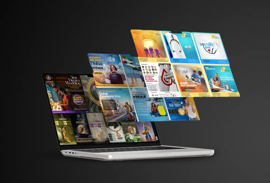 Laptop with a grid of social media post designs, including healthcare posts
