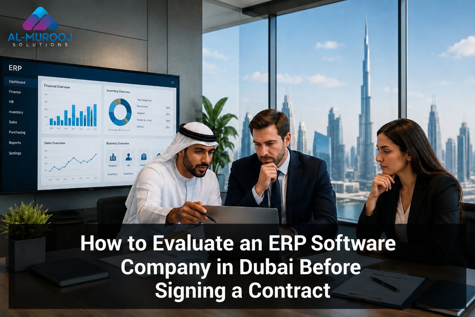 Business professionals reviewing an ERP software dashboard on a laptop and screen in a Dubai office with the Burj Khalifa visible through the window