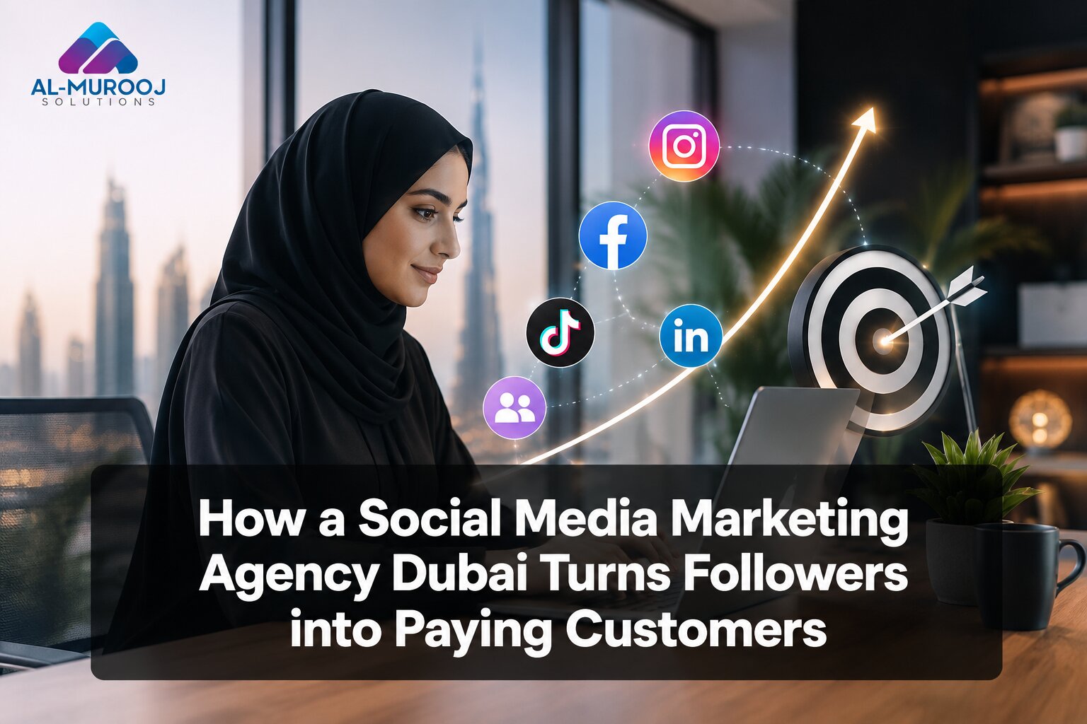 Social media marketing agency Dubai professional managing Instagram Facebook TikTok and LinkedIn growth with a target and rising graph