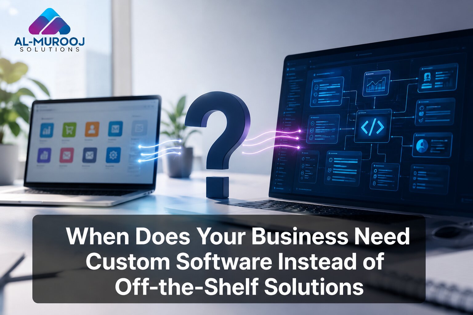Al Murooj Solutions blog banner illustrating the decision between custom software and off-the-shelf software solutions with modern business technology visuals.